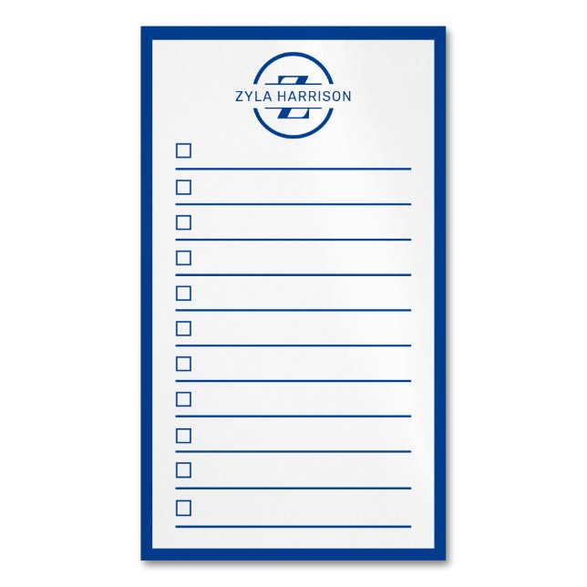 Cartão De Visitas Magnético Modern Monogram Name Navy Blue To Do List (Frente Vertical)