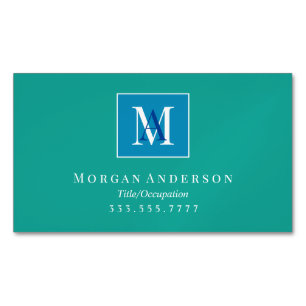 Cartão De Visitas Magnético Moldura Branca Monograma Branco/Azul DIY, Verde-az