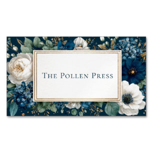 Cartão De Visitas Magnético Moldura Elegante Azul Naval Branco Floral Brilho D
