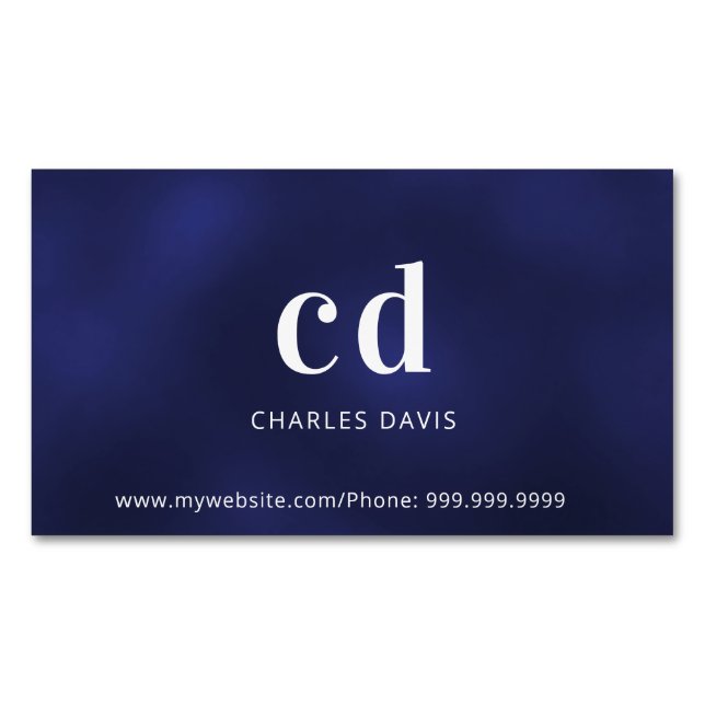 Cartão De Visitas Magnético Monograma branco azul mínimo (Frente)