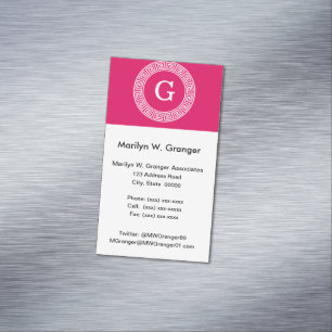 Cartão De Visitas Magnético Monograma chave grego branco da inicial do quadro