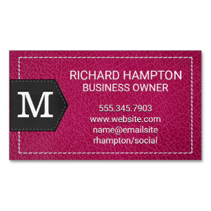 Cartão De Visitas Magnético Monograma  Couro e Patch cor-de-rosa