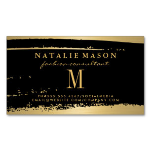 Cartão De Visitas Magnético Monograma Moderno Minimalista em Preto/Dourado Bru