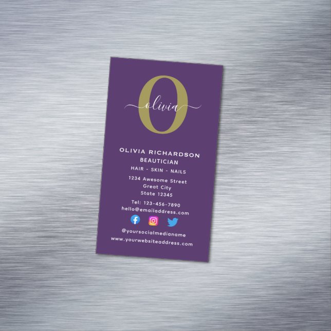 Cartão De Visitas Magnético Nome do Script Monograma Vertical Dourado Branco P (Posição Original)