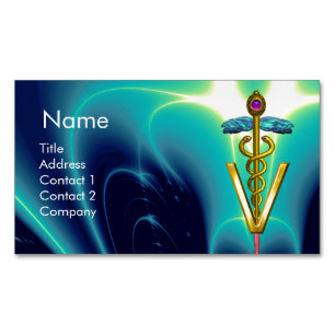 Cartão De Visitas Magnético OURO SÍMBOLO VETERINÁRIO CADUEUS/Turquesa Azul