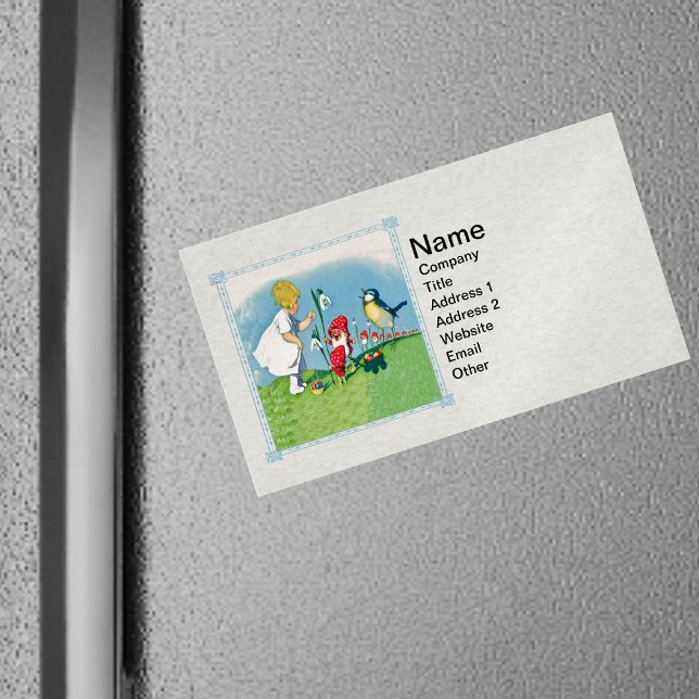 Cartão De Visitas Magnético Páscoa Lilly Gnomo Elves Cantando Cesta de Pássaro (Little girl, gnomes red hats, bird,  flowers, easter eggs in fancy frame on magnetic business cards.)