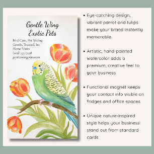 Cartão De Visitas Magnético Periquito com Tulipas Animais Exóticos de Estimaçã