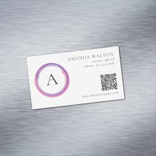 Cartão De Visitas Magnético Pink and Purple Monogram QR Code Modern (Posição Original)