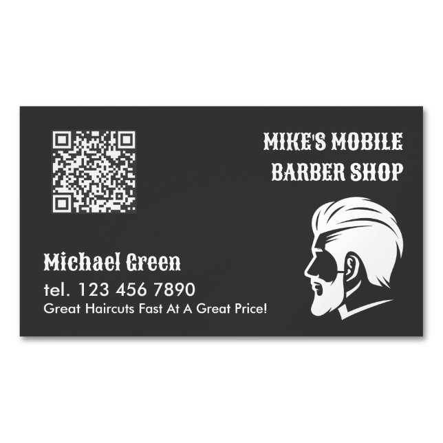 Cartão De Visitas Magnético QR personalizado do Mobile Barber Premium (Frente)