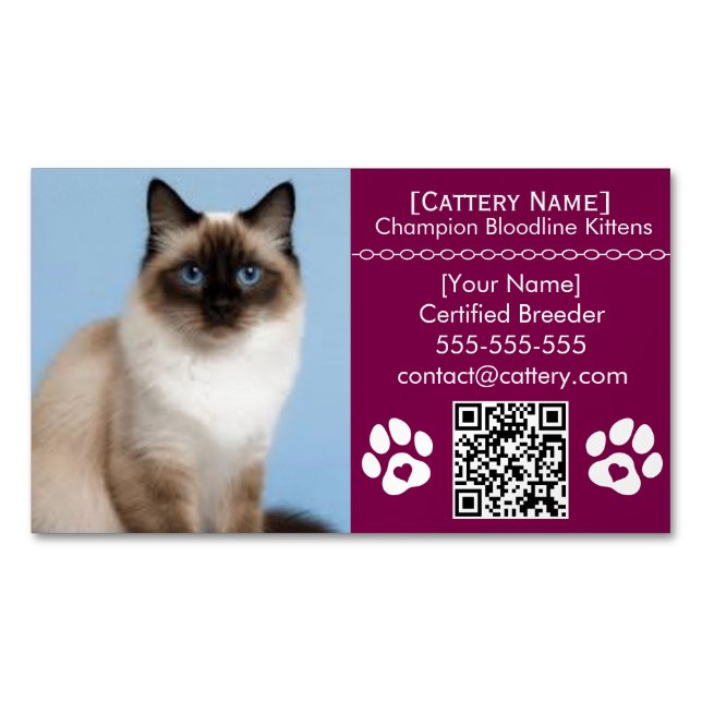 Cartão De Visitas Magnético Ragdoll Cattery Customizable Cat Breeder Magnet  (Frente)