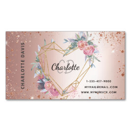 Cartão De Visitas Magnético Rosa dourado brilho cor-de-rosa maquiagem floral b