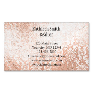 Cartão De Visitas Magnético Rosa Dourado Damask Elegante Feminino