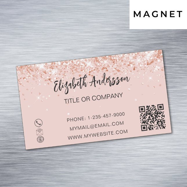 Cartão De Visitas Magnético Rosa gold confetti elegante código QR (Criador carregado)