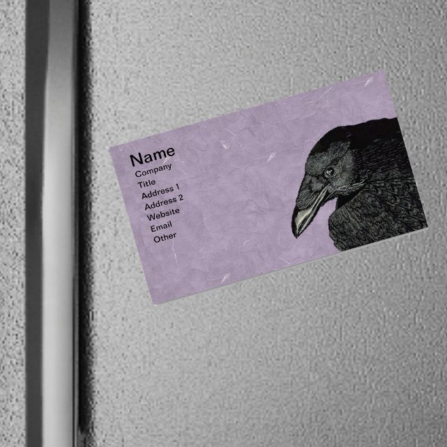 Cartão De Visitas Magnético Rosto Preto Negro Assustado (black crow head face on marbled purple magnetic business card.)