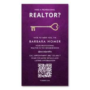 Cartão De Visitas Magnético Roxo QR Online de Compromisso do Realtor Moderno