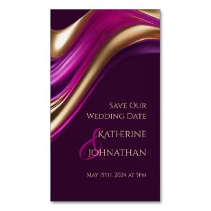 Cartão De Visitas Magnético Salve a Data-Casamento-Roxo Fuchsia e Dourado-