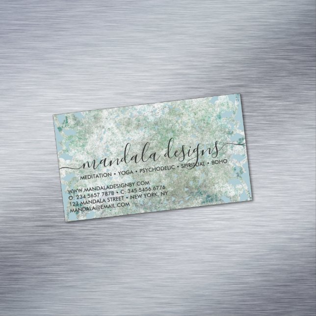 Cartão De Visitas Magnético Script Floral Mandala Azul (Posição Original)