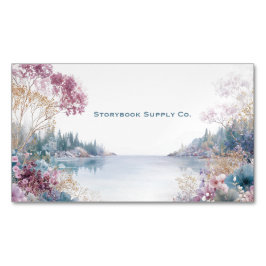 Cartão De Visitas Magnético Serene Lake Landscape Pink Gold Floral