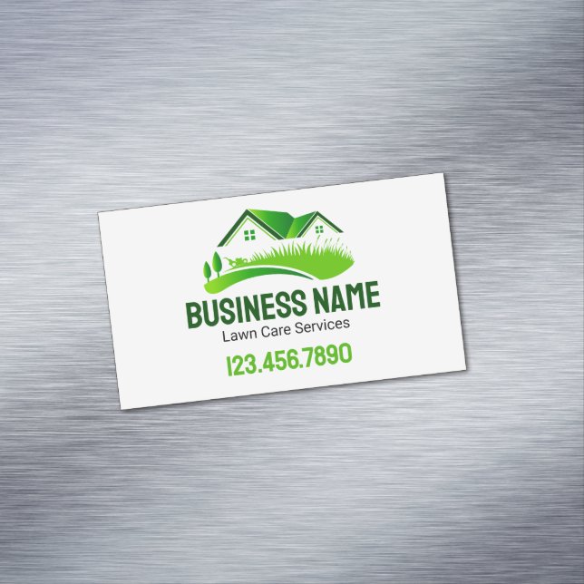 Cartão De Visitas Magnético Serviço de Corte de Grama Verde Branco (Posição Original)