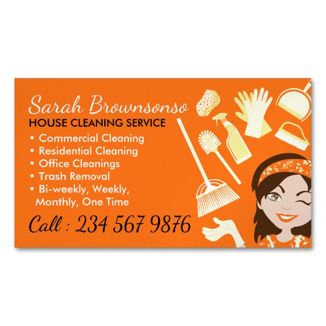 Cartão De Visitas Magnético Serviço de Limpeza de Maid Laranja Senhora Janitor (Frente)