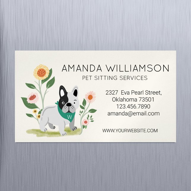 Cartão De Visitas Magnético Serviços De Cuidados De Animais De Companhia De Bu (Cute Floral French Bulldog Pet Care Services Business Card Magnet)
