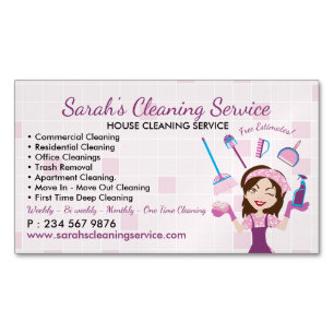 Cartão De Visitas Magnético Serviços de Empregada Pink Janitorial Lady Limpeza