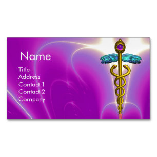 Cartão De Visitas Magnético SÍMBOLO CADUCEU EM OURO / Rosa Fuchsia Azul Turque