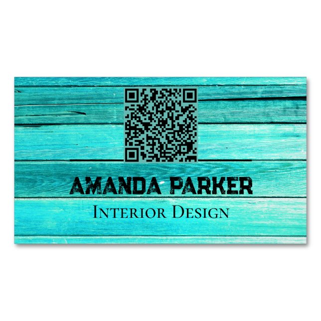 Cartão De Visitas Magnético Teal Wooden Modern Simples Código QR (Frente)