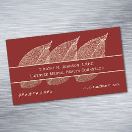 Cartão De Visitas Magnético Three Golden Leaves on Maroon Counselor Therapist