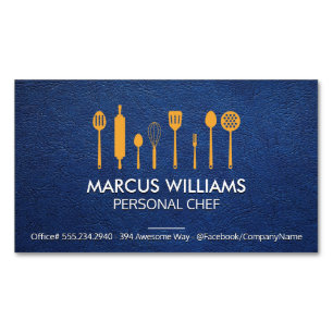 Cartão De Visitas Magnético Utensílios de restaurante Chef Couro Azul