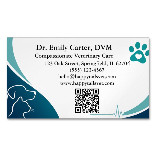 Cartão De Visitas Magnético Veterinário Moderno Com Código QR (Frente)