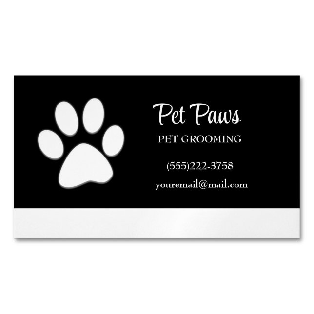 Cartão De Visitas Magnético White Dog Paw no Black Pet Grooming Service Busi (Frente)