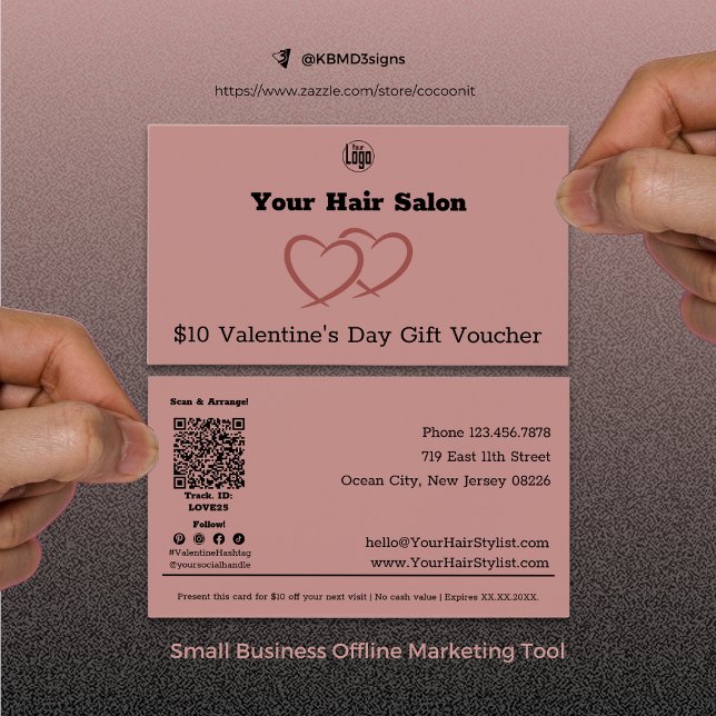 Cartão de Visor de Oferta de Dia de os namorados S (Modern Hair Stylist Valentine's Day Gift Voucher Card, Small Business Marketing Tool)