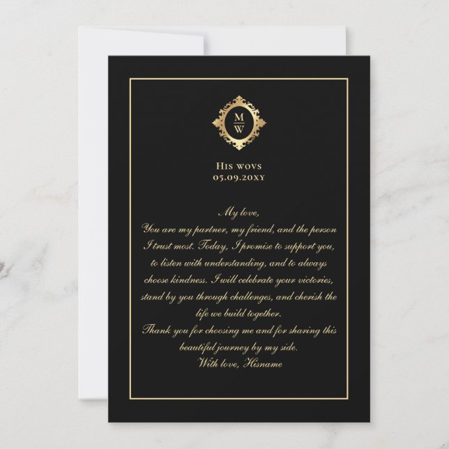Cartão de Voto de Casamento Preto Dourado Monogram (Frente)