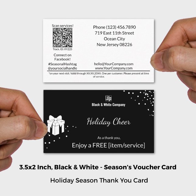 Cartão de Voucher de Presente Livre para Feriados  (Black & White Holiday Cheer Free Gift Voucher Card; Size 3.5x2 Inch (US))