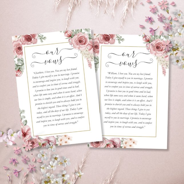 Cartão de Vows de Casamento Floral Elegante Dusty  (Elegant Dusty Rose Floral Wedding Vows Card)