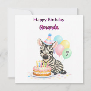Cartão de Zebra para Meninas de 7 Anos de Aniversá