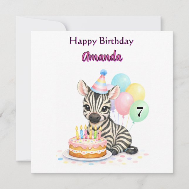 Cartão de Zebra para Meninas de 7 Anos de Aniversá (Frente)