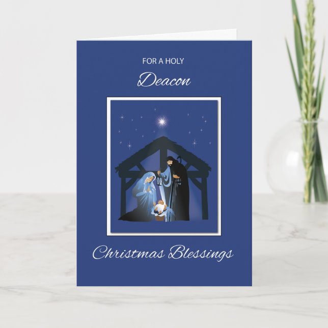 Cartão Deacon Christmas Blessings Manger on Blue (Frente)