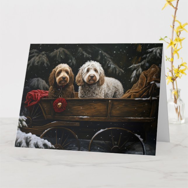 Cartão Decado de Natal Cockapoo Snowy Sleigh (Flor Amarela)