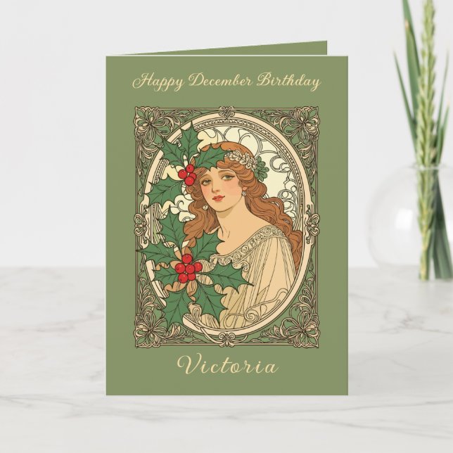 Cartão December Birthday Art Nouveau Holly Berries (Frente)