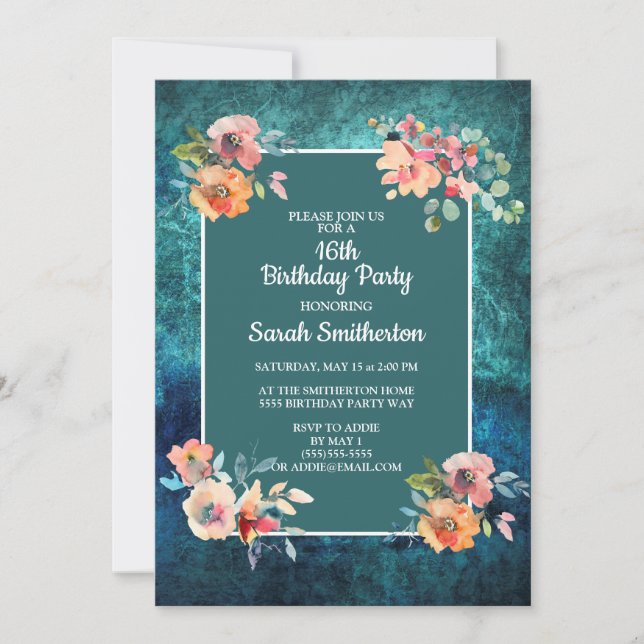 Cartão Décima Sexta Festa de aniversário - Tiras Florais  (Frente)