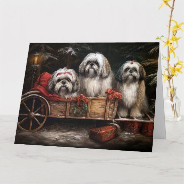 Cartão Decoração de Natal de Lhasa Apso Snowy Sleigh (Flor Amarela)
