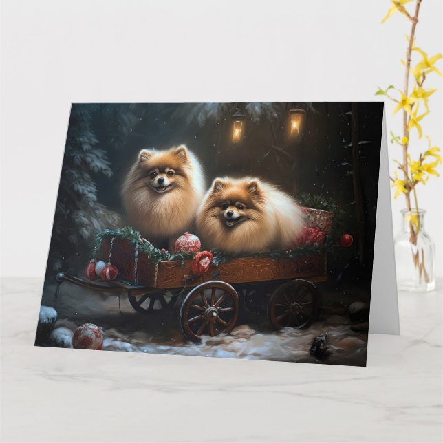 Cartão Decoração de Natal Pomeraniana Snowy Sleigh (Flor Amarela)