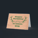 Cartão Deer Antlers Vintage Son Birthday<br><div class="desc">Cartão de aniversário para filho com papel de artesanato e galhadas de veados verdes e verso pensativo.</div>
