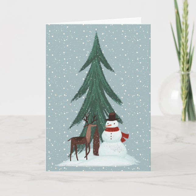 Cartão Deer e Snowman em Flocos de Neve (Frente)