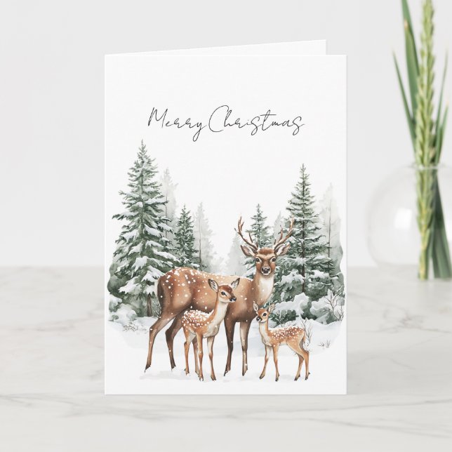 Cartão Deer in Snow Christmas Pine Trees (Frente)