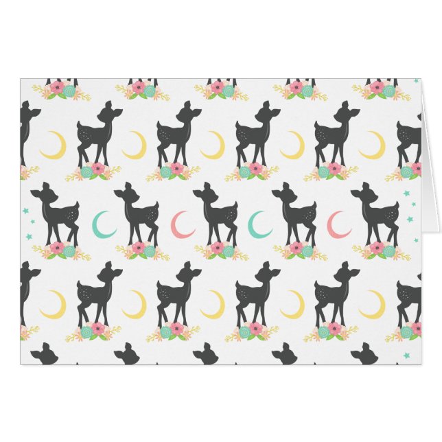 Cartão Deer Pattern, Baby Deer, Boho, Flores, Lua (Frente Horizontal)