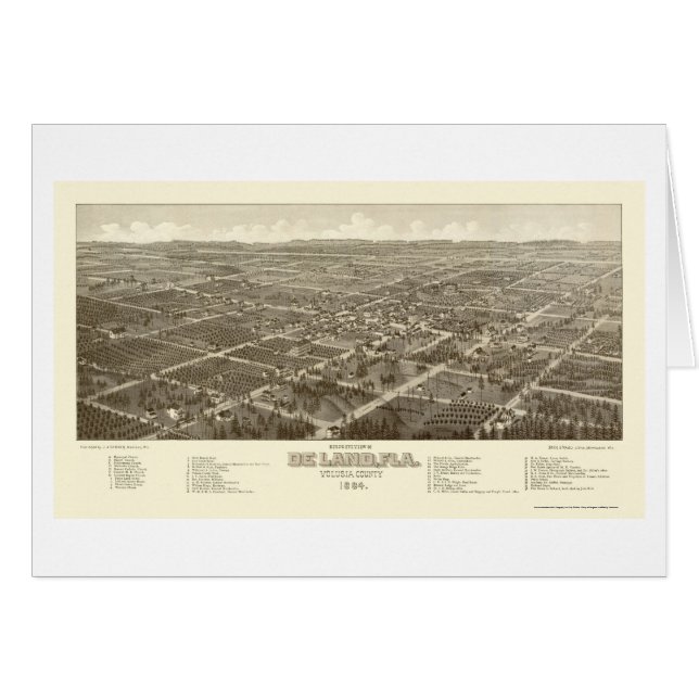 Cartão DeLand, mapa panorâmico de FL - 1884 (Frente Horizontal)