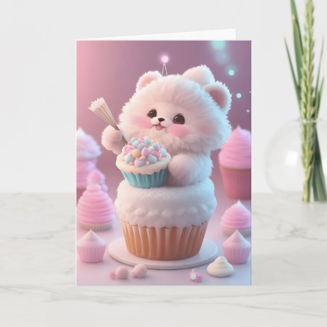 Cartão Deliciosos Cupcakes com Chapéu de Festa de Gatinho (Frente)